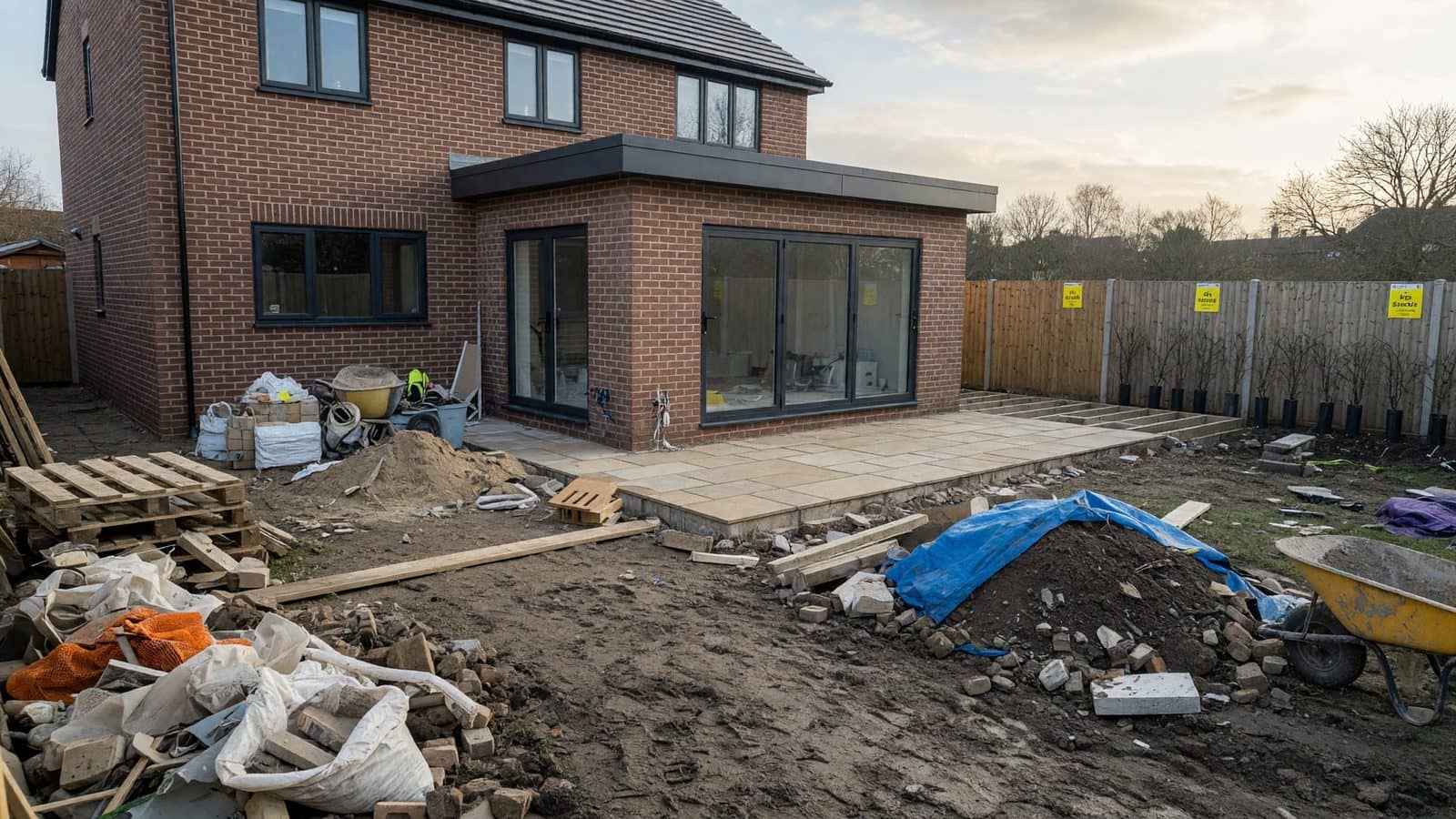 Garden after an extension: patio, path and drainage before you turf