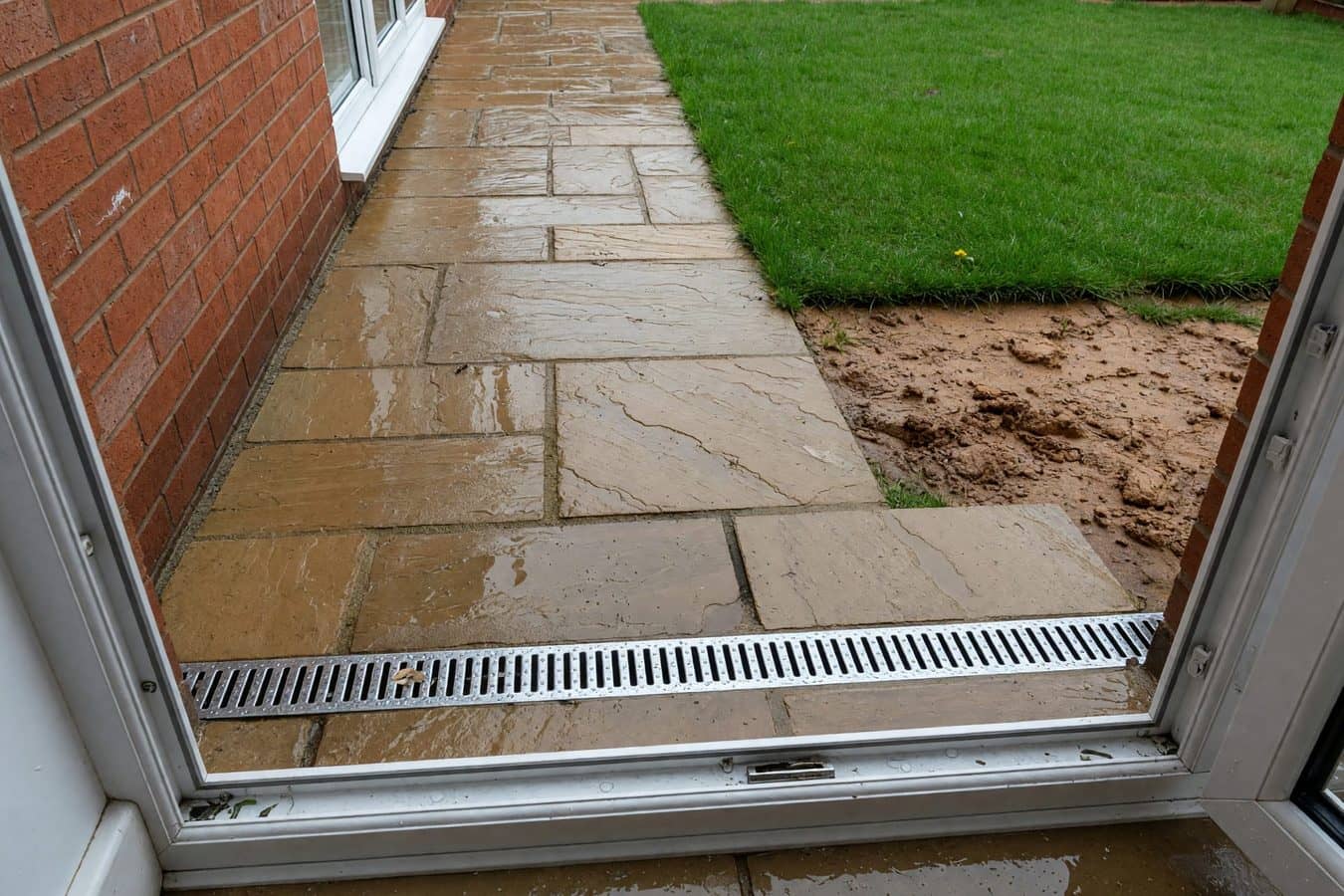 Channel drain in buff sandstone patio outside white doors of a red-brick semi