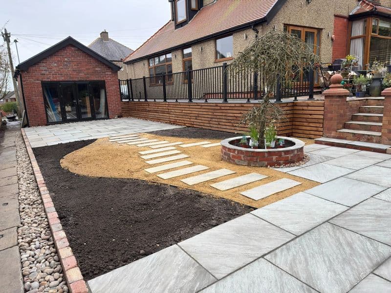 Wall cladding, Indian Sandstone & Self-binding gravel in Darwen — finished landscaping in Darwen