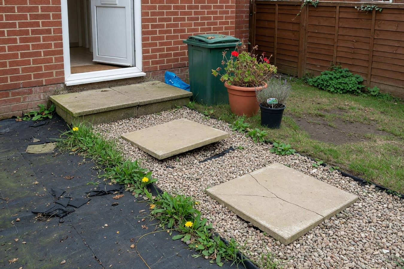 Tired Lancashire gravel garden with thinning stone and rocking flags