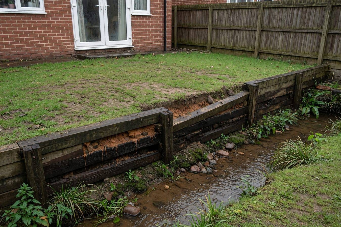 Failed timber sleeper retaining wall holding a Lancashire garden bank above a narrow boundary brook