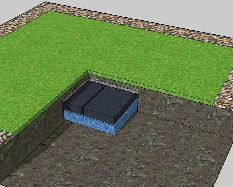 Diagram of 2 drainage cubes underneath a lawn