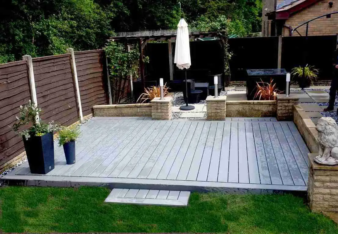 Grey composite, ground level decking