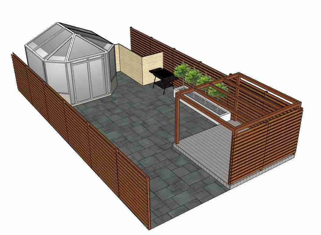 Contemporary enclosed garden design with slatted fencing, pergola and dark limestone paving