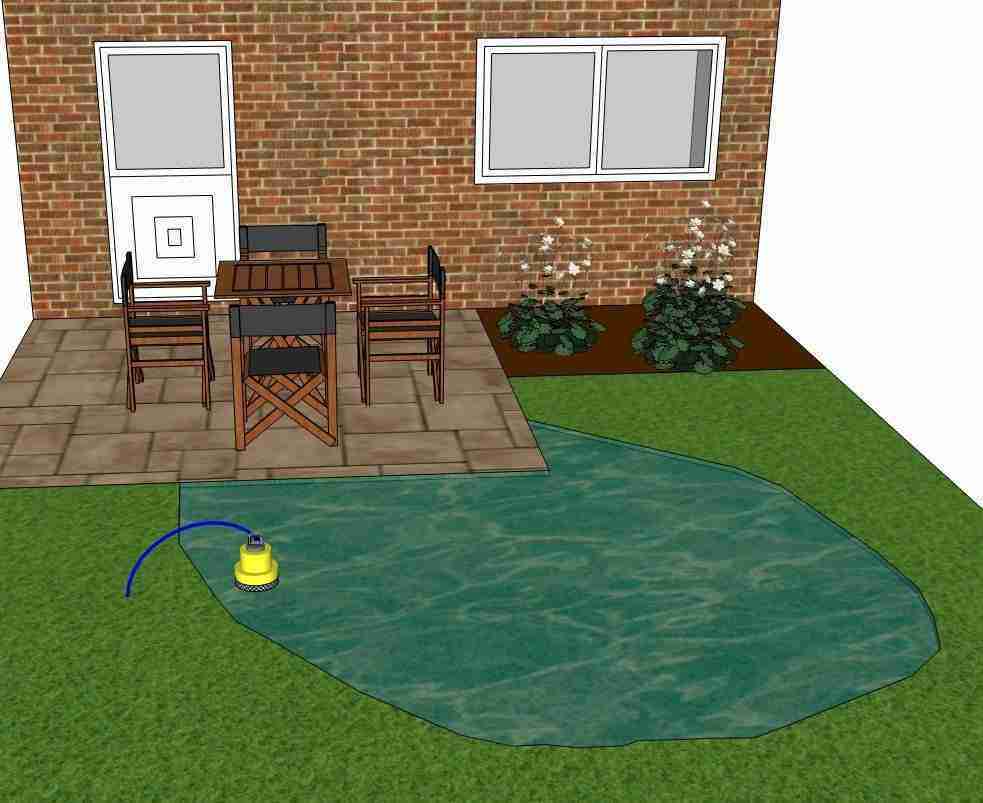 Image of puddle pump in pool of water on garden lawn