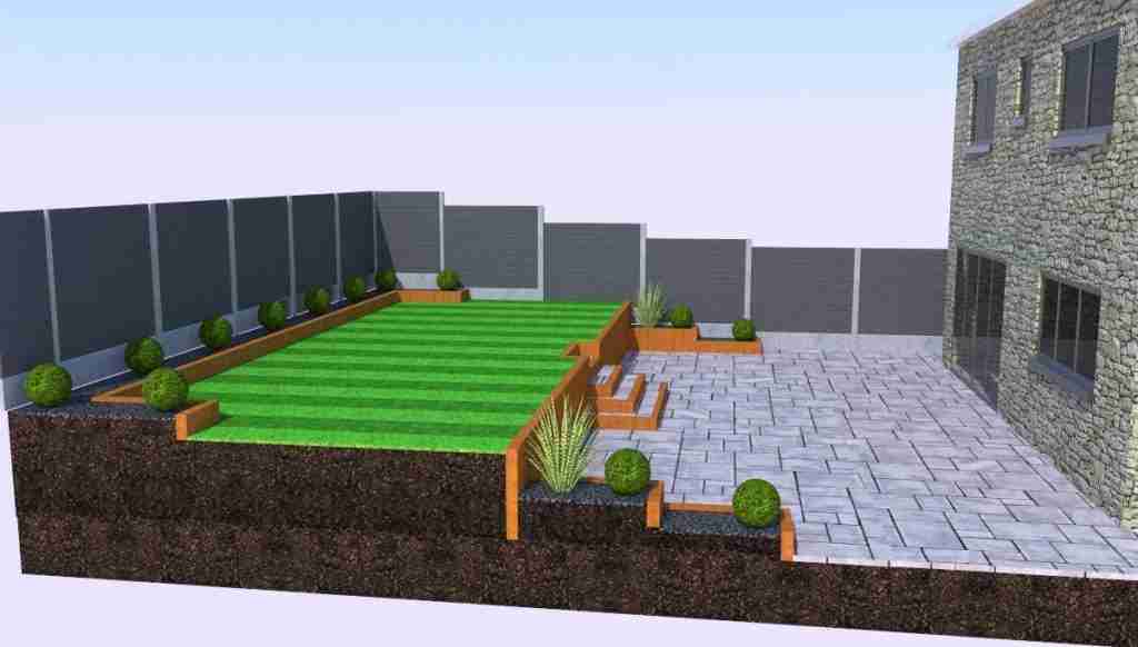 A sloped lawn which has been turned into a two tiered garden