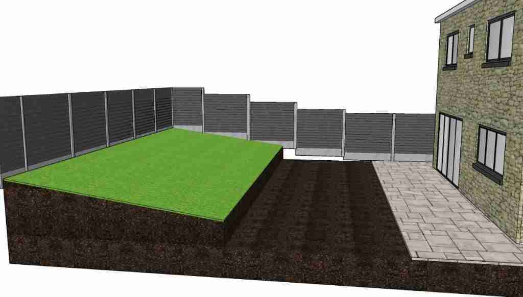 Front area of sloped lawn removed to turn into tiered lawn