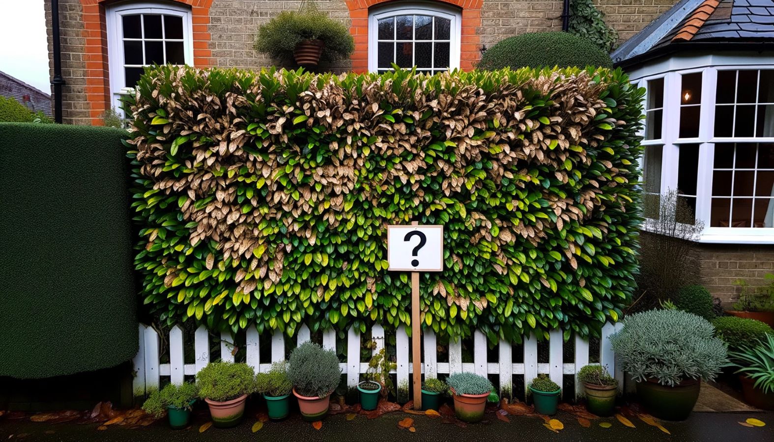 A hedge showing signs of distress in a contemporary British garden setting, with care tools and solutions nearby.