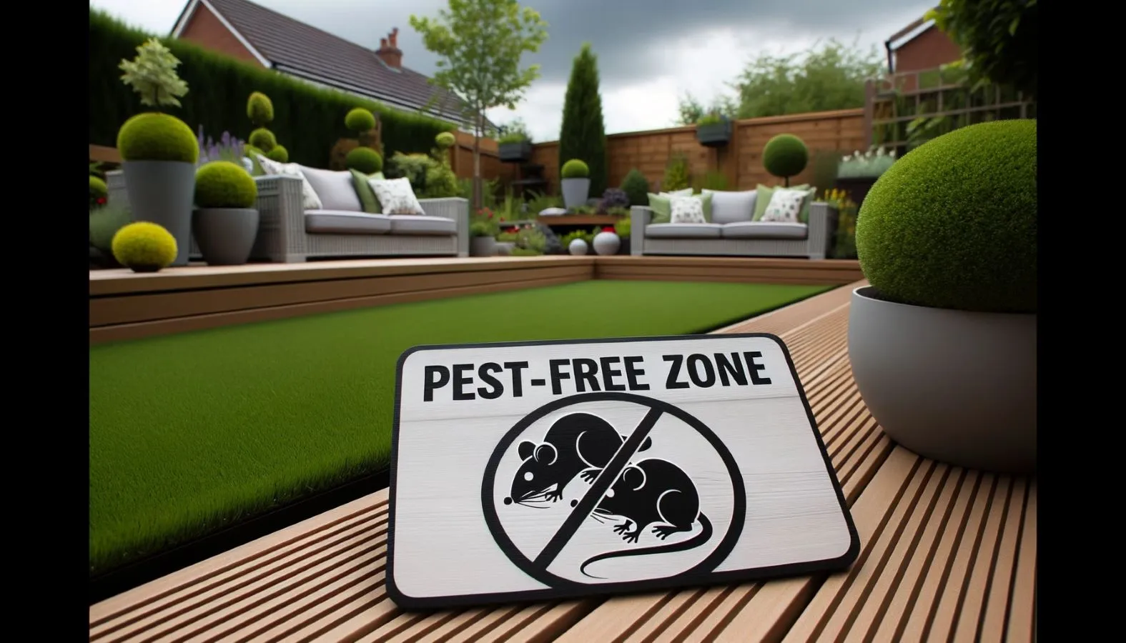 Landscaped garden with a 'Pest-Free Zone' sign on the decking, representing a garden free of pests.