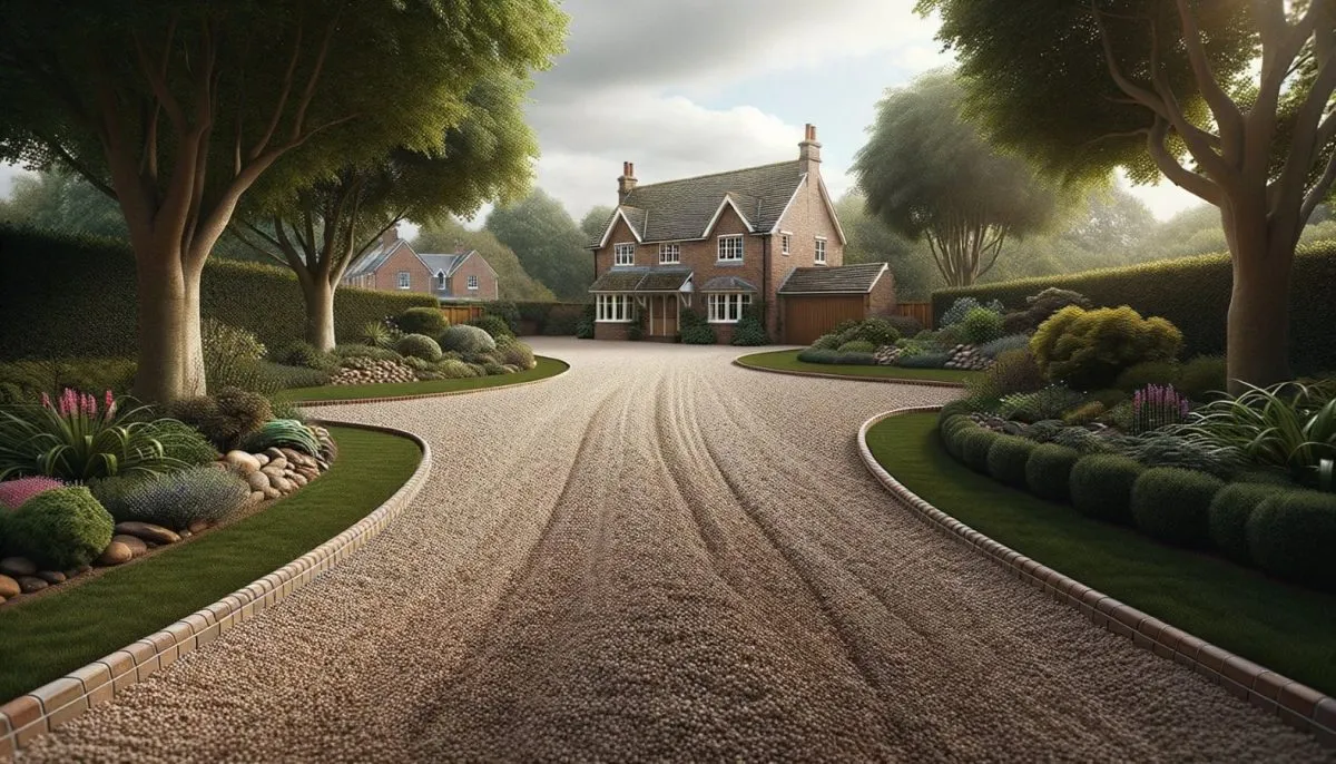 A hoggin driveway leading up to an English country house