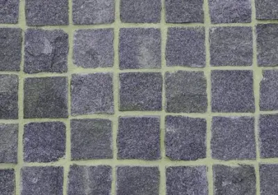 Small granite blocks making up a square of block paving