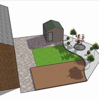 Back garden design with white marble planting area and a garden office